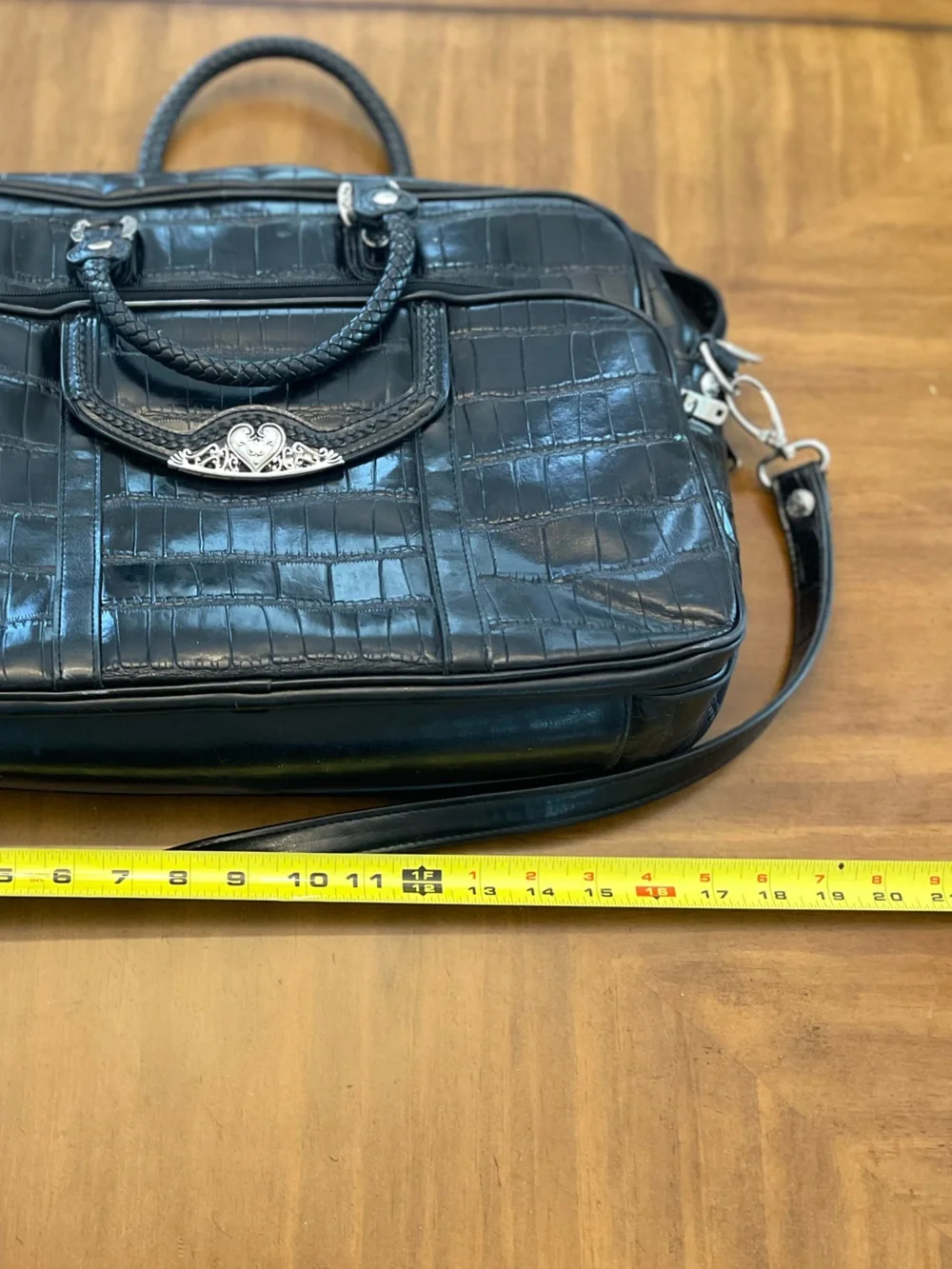 Black Croc-Embossed Leather Briefcase Bag with silver hardware